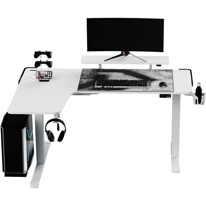 Ігровий стіл ULTRADESK Winger RGB LED L-подібний, електричний підйомний стіл для комп'ютера, білий, 155x111x60 см (лівий)