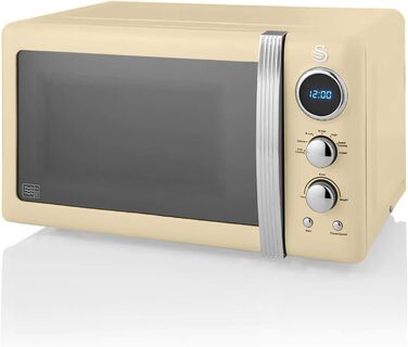 Мікрохвильова піч Swan Retro SM22030CNEU 20 л, 800 Вт, 5 режимів, розморожування, таймер 60 хв, вінтажний дизайн, кремова, дзеркальні дверцята