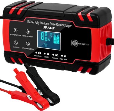 Зарядний пристрій для акумулятора URAQT 8A: 12V/24V, розумний, автоматичний, з LCD, для авто, вантажівок, мотоциклів, човнів