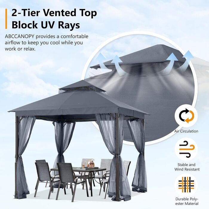 Павільйон садовий ABCCANOPY 2.5x2.5м водонепроникний, з сіткою, зимостійкий, сірий - для вечірок та захисту від сонця та дощу