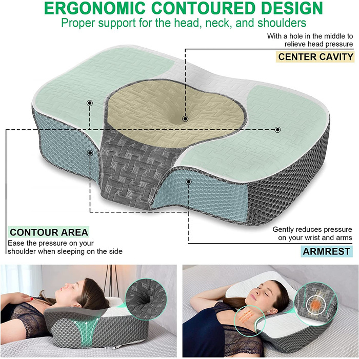 Ортопедична подушка Elviros з Memory Foam для сну, ергономічна, проти болю в шиї та хропіння, для бокового та шлункового сну, біла, 60x38.6x9.9/13.5 см