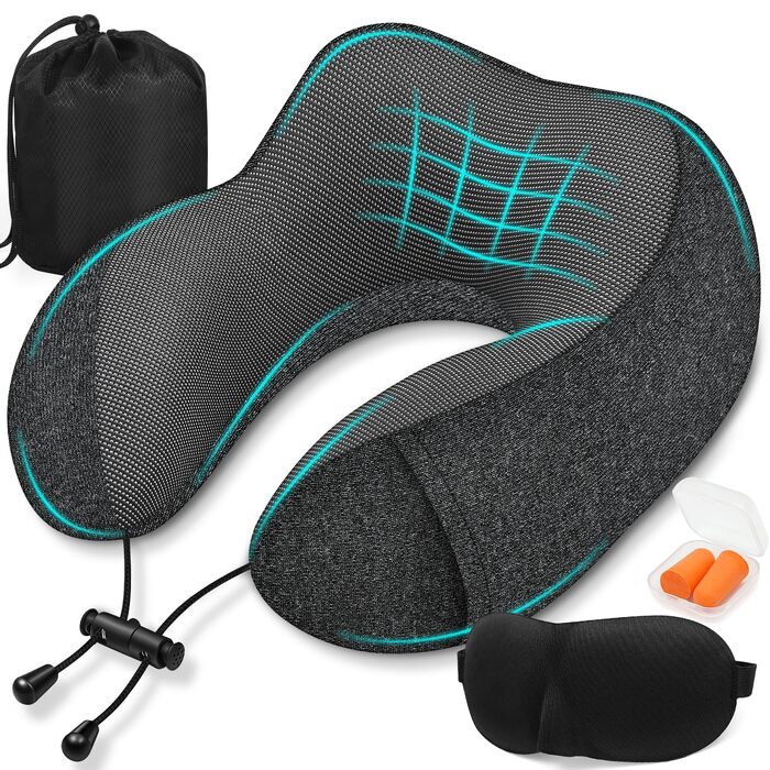 Подушка під шию для подорожей з ефектом пам'яті (Memory Foam) з 3D-маскою для сну та берушами, сіра