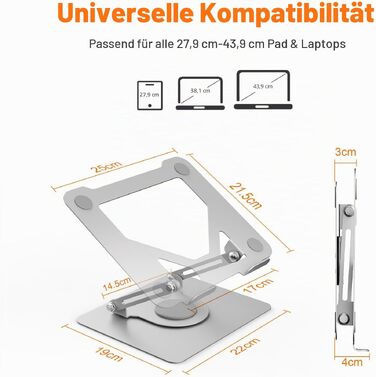 Стійка для ноутбука GRIFEMA GB1050: Регульована, складана, з поворотною базою 360°, срібляста – для MacBook, Dell, ноутбуків 11-17 дюймів
