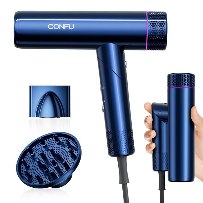 Професійний іонізаційний фен для волосся CONFU 1700W, складаний фен з магнітним диффузором та стилізуючою насадкою, низький рівень шуму, синій