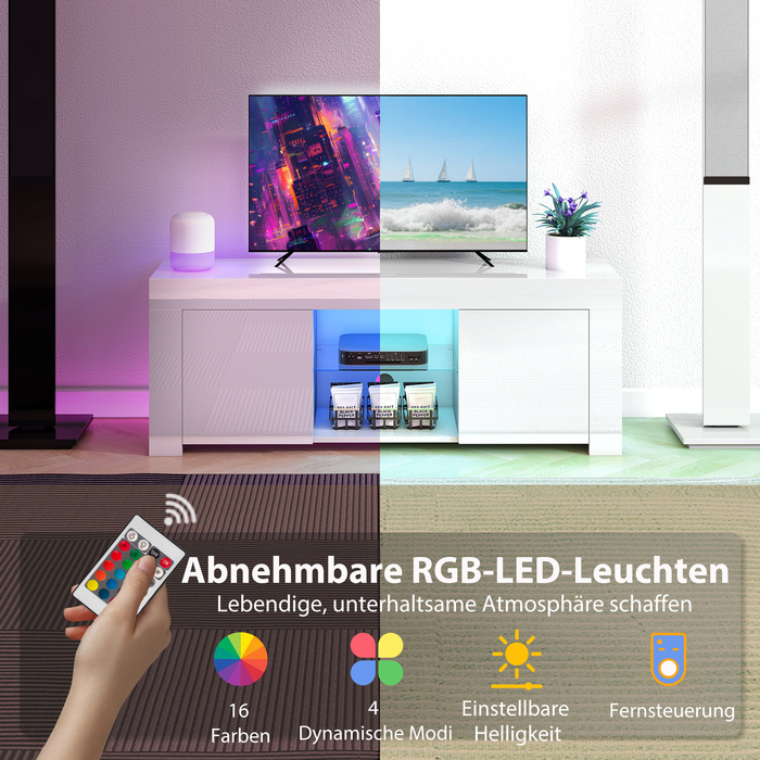 Телевізійна тумба з LED-підсвіткою, 2 дверцятами, скляною полицею, отворами для кабелів, для вітальні, виготовлена з ДСП, білого кольору.