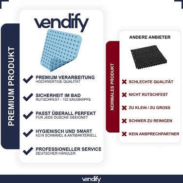 Vendify Преміум килимок для душу 53x53 см, протиковзкий, квадратний, для душової кабіни та ванни, BPA Free, з 152 присосками, стійкий до цвілі, машинне прання, прозорий синій