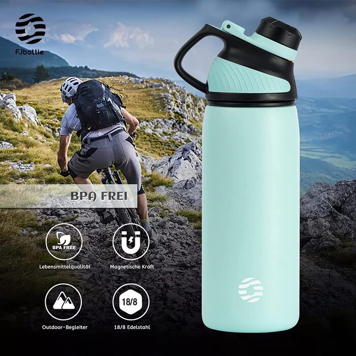 Спортивна термобутилка Fjbottle з нержавіючої сталі з магнітною кришкою, герметична пляшка для води 600 мл, BPA-free, для школи, фітнесу та дітей (Зелена)