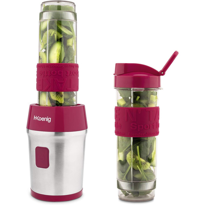 Міні-смузі міксер H.Koenig SMOO10, 570 мл, 300 Вт, 4 леза, 2 пляшки, BPA-free, рожевий