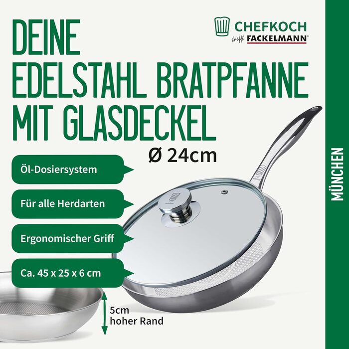 Набір сковорідок FACKELMANN Chefkoch München з нержавіючої сталі 2 шт. (24 та 28 см) для індукційних плит, з кришкою для сковороди 24 см
