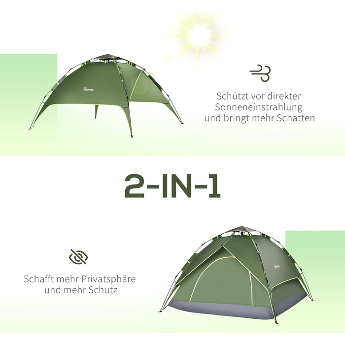 Намет для кемпінгу Outsunny Quick-Up, сімейний, 2 дорослих + 1 дитина, 4 сезони, водонепроникний, 2 входи, поліестер, скловолокно, 210x210x140 см, темно-зелений, сумка для перенесення