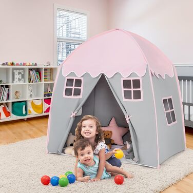 Дитячий ігровий будиночок GOPLUS, XL, 143x100x155 см, з сумкою, килимком, дверцятами на блискавці та 4 вікнами, для 2-3 дітей від 3 років (Рожевий)