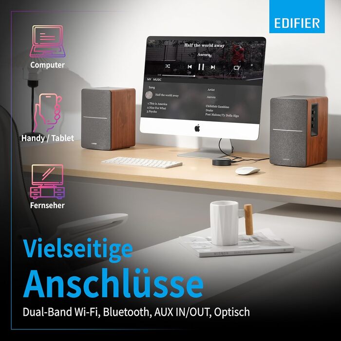 Активні WiFi-колонки Edifier R1280T+WiiM Mini, 42 Вт, Multiroom, Bluetooth, Hi-Res Audio 24Bit/96kHz, DSP, оптичний вхід, пульт, дерево