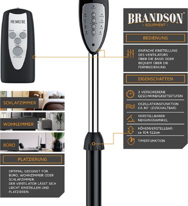 Підлоговий вентилятор Brandson з пультом дистанційного керування, 50 Вт, 3 швидкості, коливання 80°, чорний