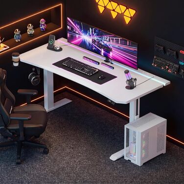 Регульований по висоті письмовий стіл Devoko 160x70 см, ігровий стіл для комп'ютера з двома моторами, LED-підсвіткою та системою кабель-менеджменту, білий