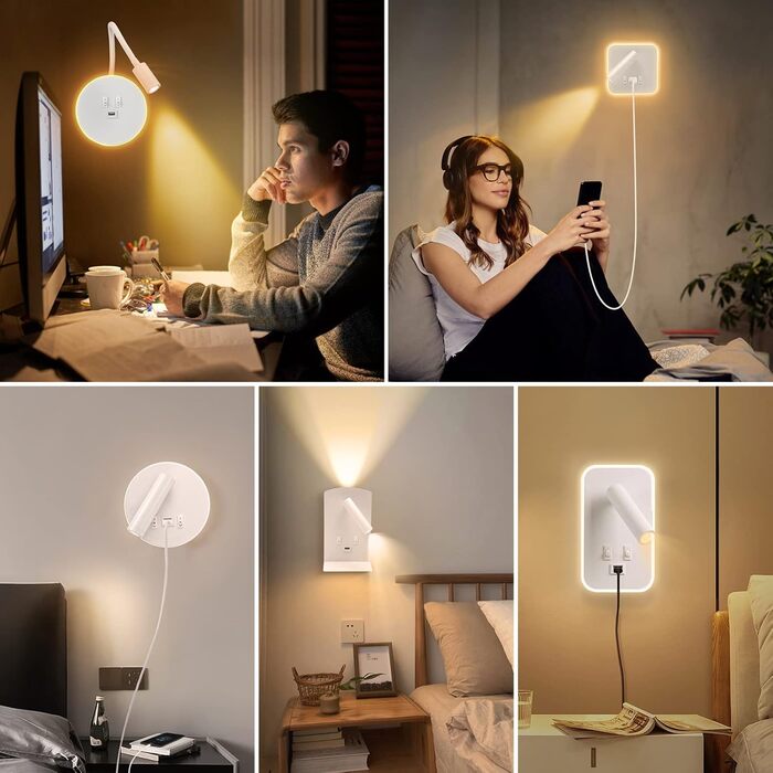 Комплект з 2 LED настінних світильників для інтер’єру з вимикачем і USB, 12W, 360° поворот, сучасна настінна лампа 3000K тепле біле світло для спальні та вітальні