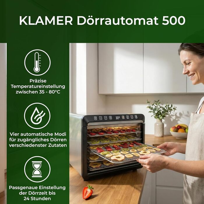 Сушарка для фруктів та овочів KRAMER W з таймером 24h та регулюванням температури 35-70°C, 5 висувних полиць, корпус з нержавіючої сталі, без BPA