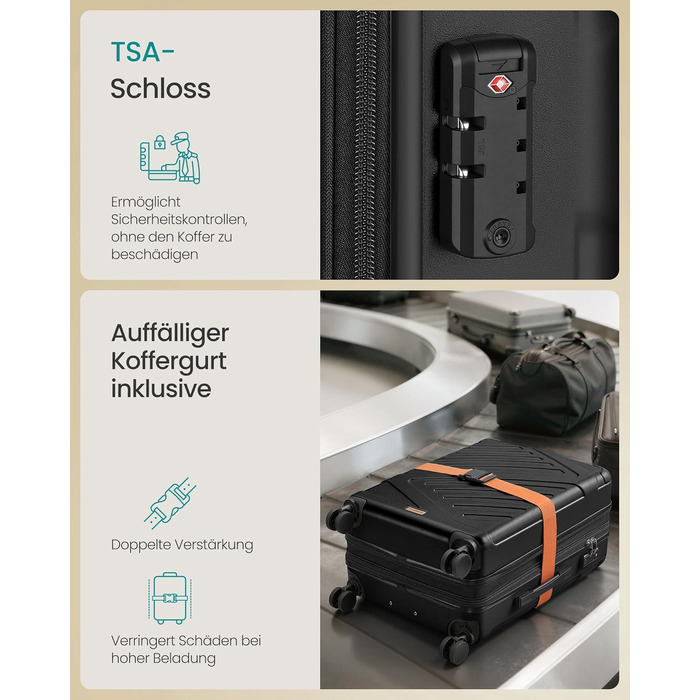 Валіза для подорожей SONGMICS, жорстка Expandable валіза з ABS-пластику, TSA-замок, 4 подвійні колеса, велика (L), 65 см, чорна (RLP002B101)