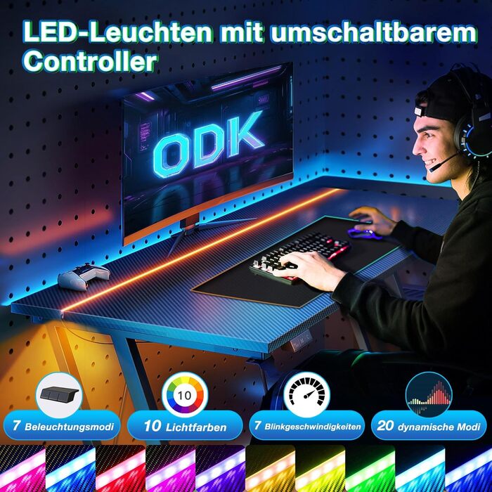 Ігровий стіл ODK 80x50 см з LED підсвіткою, чорний карбон: стіл для геймерів з тримачем для навушників та підставки для напоїв