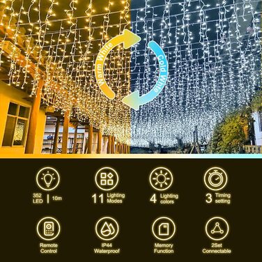 LED гірлянда 352 світлодіоди, 10 м, 11 режимів, IP44, мідний дріт, для дому, саду, вечірки, весілля, Різдва, кімнати, патіо, штори, з пультом, таймер