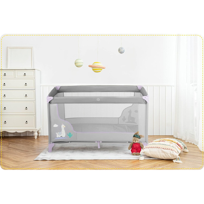 Дитяче ліжечко-манеж Ricokids, складане, 125x65x78 см, 15 кг, з матрацом і колесами, бічний вхід, світло-сірий та лавандовий
