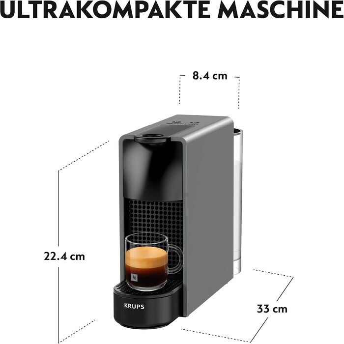 Кавомашина Nespresso Essenza Mini Krups сіра: капсульна, 19 бар, 0.6 л, енергозберігаюча, 1260 Вт