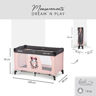 Дитяче дорожнє ліжечко Hauck Dream N Play Disney Minnie, складане, з сумкою, для дітей від народження до 15 кг, 120x60 см