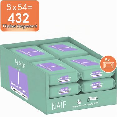 Дитячі вологі серветки Naïf без пластику з алое вера та бамбуком, 0% спирту та парфумів, для обличчя, тіла та сідниць (432 шт, 8 пачок по 54 шт)