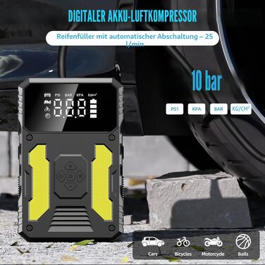 Пусковий інвертор (бустер) для авто з компресором 6000А, портативний Jump Starter Powerbank з LED-ліхтарем та дисплеєм, жовтий