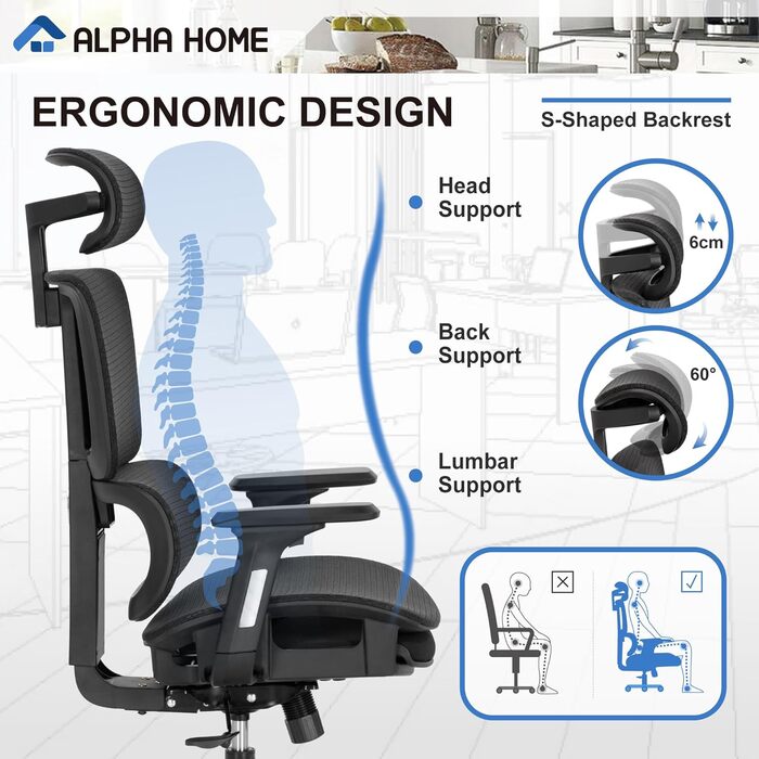 Ергономічне офісне крісло ALPHA HOME з підніжкою, регульованим підголівником і 3D підлокітниками, дихаючий комп'ютерний стілець для керівника, висока спинка, вантажопідйомність до 160 кг, чорний