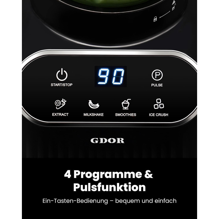 Професійний стаціонарний блендер GDOR 1200W з чашею зі скла 1.5л та To-Go стаканом 700мл, 5 програм, для смузі, льоду та заморожених фруктів, функція самоочищення