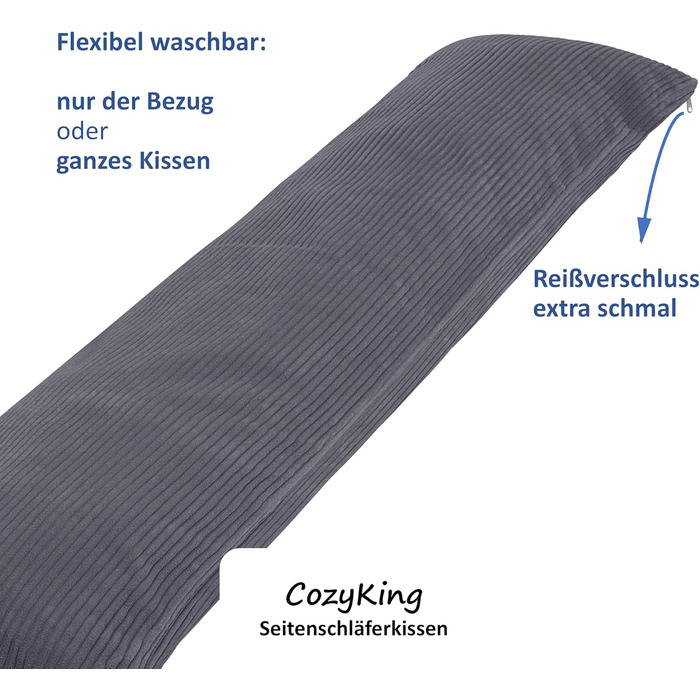 Подушка для сну на боку 200x40 см Cord / Кремовий - з сертифікатом Öko-Tex, прання при 40°C, ідеальна як подушка для вагітних, годування або для тривалого сну (Сірий, 200x40 см)