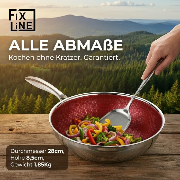 Сковорода-вок FIXLINE® Black Forest 28 см, антипригарне покриття без PTFE, для всіх типів плит (включаючи індукцію), підходить для духовки до 230°C, червона