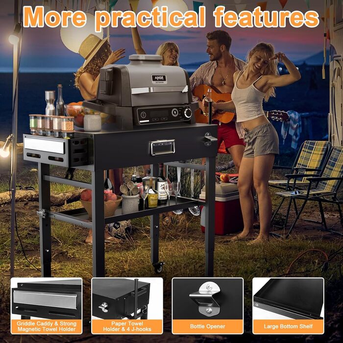 Мобільний гриль-візок для Ninja Woodfire, Weber, Blackstone, Nexgrill, Traeger та інших грилів, візок для гриля з колесами та тримачем для паперових рушників (86 см)