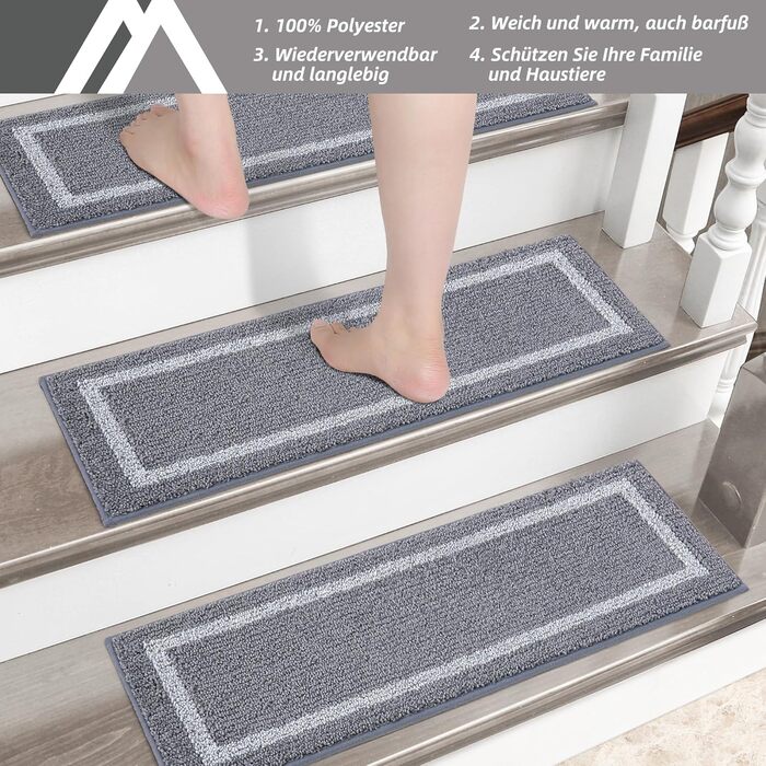 Набір самоклеючих килимків для сходів COSY HOMEER 70x22 см, 4 шт, сірий, поліестер, протиковзкі, машинне прання