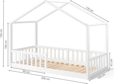 Дитяче ліжко-домік Bellabino Bia 90x200 см з бортиком, роликовою основою, для дітей, Монессорі, підлогове, масив сосни, біле