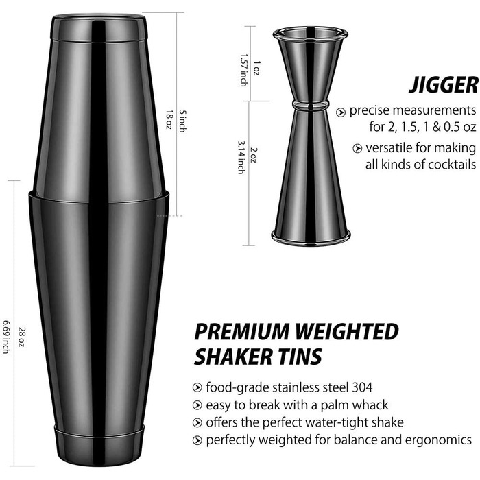 Професійний набір для приготування коктейлів Boston Shaker 11 предметів, чорний – шейкер, мірний стакан, барна ложка, аксесуари для бармена, стильний набір для дому з рецептурною книгою
