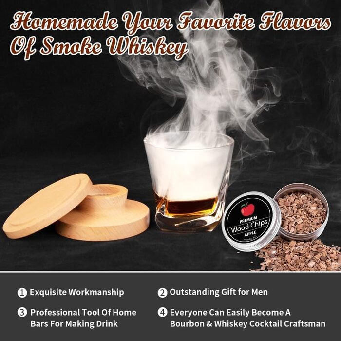 Набір для копчення коктейлів Whiskey Smoker Kit з пальників, для віскі, бурбону, з 4 смаками дерев'яної стружки, подарунковий набір для любителів коктейлів, чоловіків, тата, чоловіка, шефа