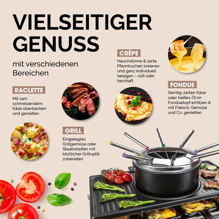 GOURMETmaxx Ракуле-Фондю 2-в-1 на 8 осіб | Ракуле-Фондю комбінація з 8 сковородами, лопатками та виделочками | Ідеально для вечірок | Ракуле та Фондю для 8 осіб
