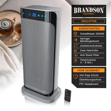 Керамічний обігрівач Brandson 2000 Вт з дистанційним керуванням, енергоощадний, тихий, для ванної кімнати, з осциляцією, сріблястий, сертифікат GS, переможець 2024 року