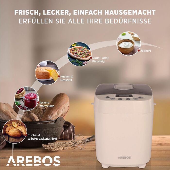 Хлібопечка Arebos 1500г з 15 програмами, таймером та LCD дисплеєм | 850 Вт | Білий