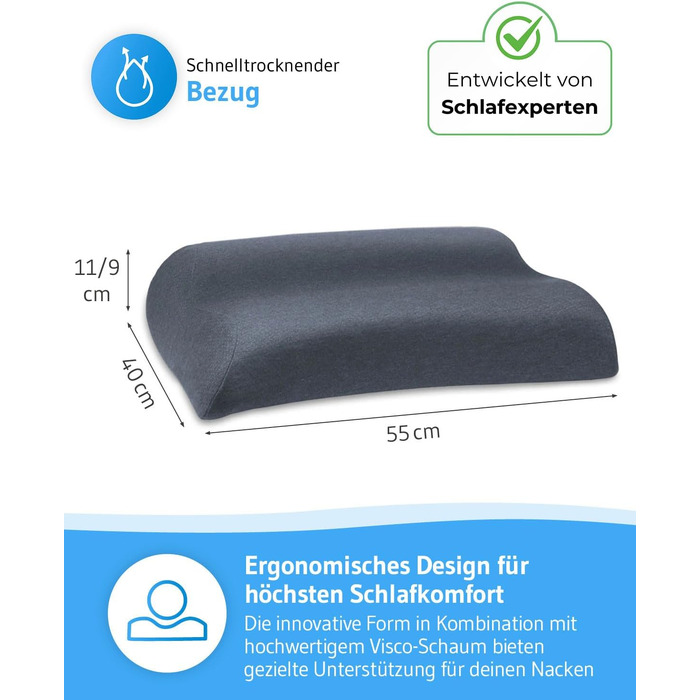 Подушка для шиї MATAR Quickdry: ортопедична піна Memory Foam, швидковисихаючий чохол, для сну на боку та спині, антрацит