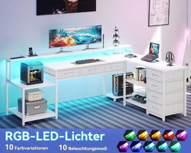 Ігровий кутовий стіл Coleshome з RGB підсвіткою, 7 ящиків, 179.5x135.5 см - білий
