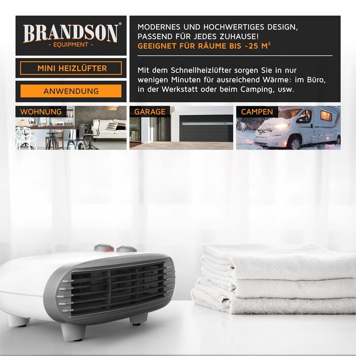 Енергозберігаючий тепловентилятор Brandson для ванної, 2000 Вт, 3 режими, з термостатом, захист від перегріву, автоматичне вимкнення, тихий, енергоефективний