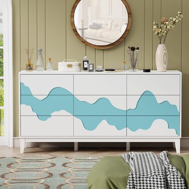 Комод UEV з 9 шухлядами 160x40x78,5 см, сучасний дизайн з хвилястим візерунком, тумба під телевізор, шафа для зберігання, вузький комод, буфет, сайдборд для вітальні, спальні, коридору, білий і синій