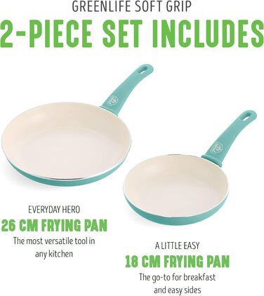 Набір керамічних сковорідок GreenLife Soft Grip 18 см і 26 см, антипригарне покриття без PFAS, підходить для духовки та посудомийки, бірюзовий колір
