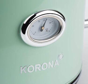 Електрочайник Korona 20665 1,7 л, м'ятний, ретро-дизайн, 2200 Вт, з термометром, фільтром від накипу та захистом від перегріву