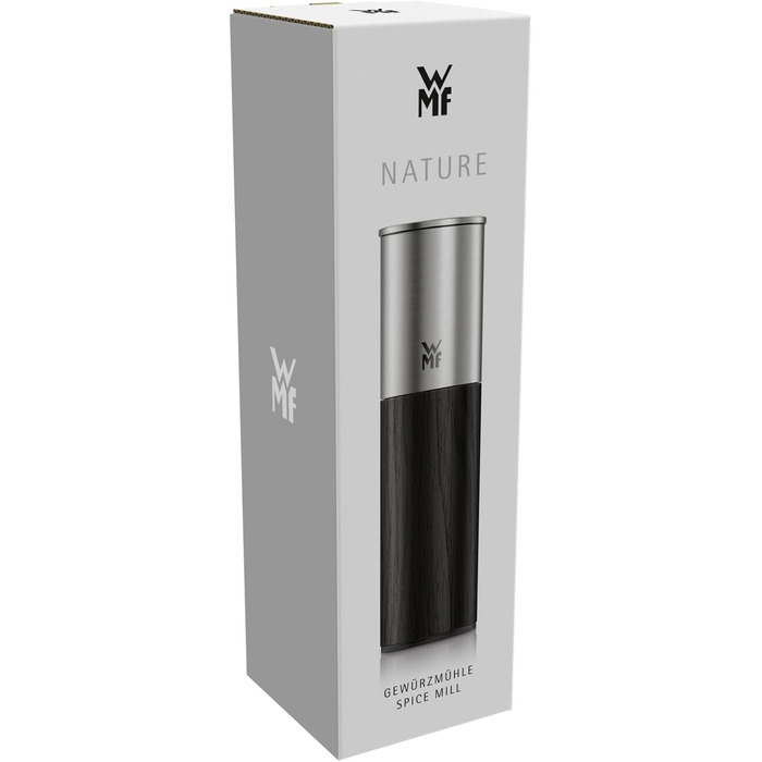 Мельниця для спецій WMF Nature Pro: сіль та перець, керамічний млин, регулювання помелу, арома-кришка, нержавіюча сталь та дерево, чорний колір