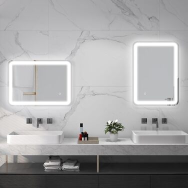 Дзеркало для ванної кімнати HOMCOM з підсвічуванням 50 x 70 см, LED, 3 кольори світла, сенсорне управління, функція пам'яті, антизапар, срібло