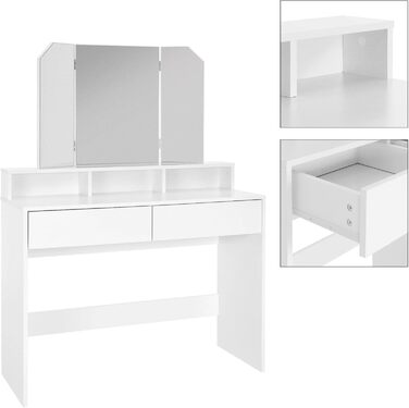 Білий туалетний столик ML-Design з трисекційним дзеркалом, 2 шухлядами та 3 відкритими полицями, 100x40x140 см, сучасний косметичний стіл