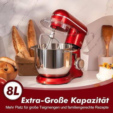 Кухонна машина Kitchen in the box Fab-Serie, потужний планетарний міксер 2000Вт, чаша 8л, 10 швидкостей, з вінчиком, гаком та мішалкою, червоний